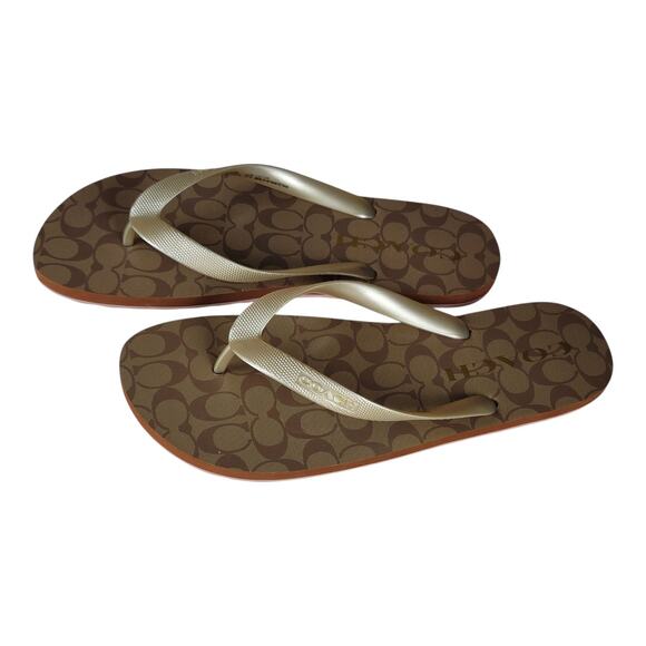 Coach Zak Signature Flip‎ Flop Sandals Khaki Gold Women's Size 11B US - Picture 2 of 6